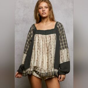 POL Patchwork Peasant Blouse | Earthy Boho Cottagecore Top | Gauze Top
